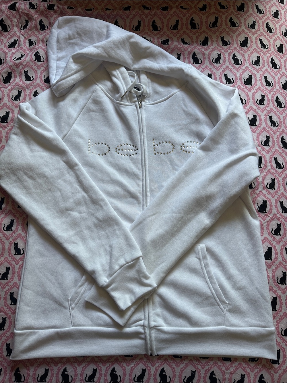 bebe White Rhinestone Logo Zip Hoodie